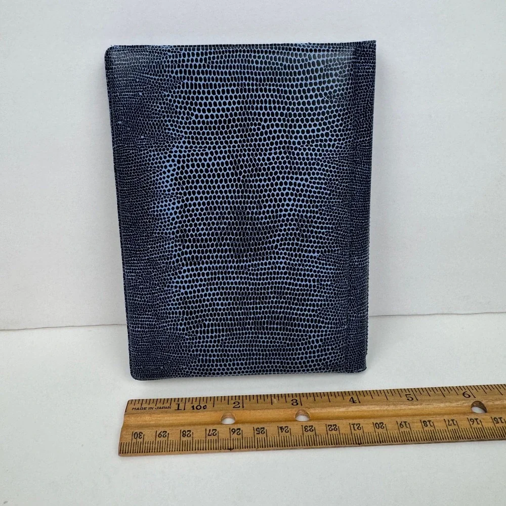 Small Vtg Blue Black Reptile Scale Faux Leather Photo Pic Album Gold Accents